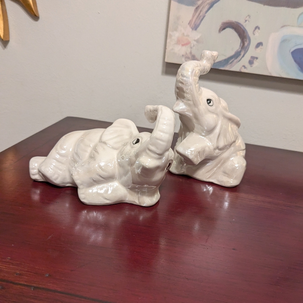 Vintage Lusterware Elephants Two Figurines Trunk Up Opalescent White Brazil EUC